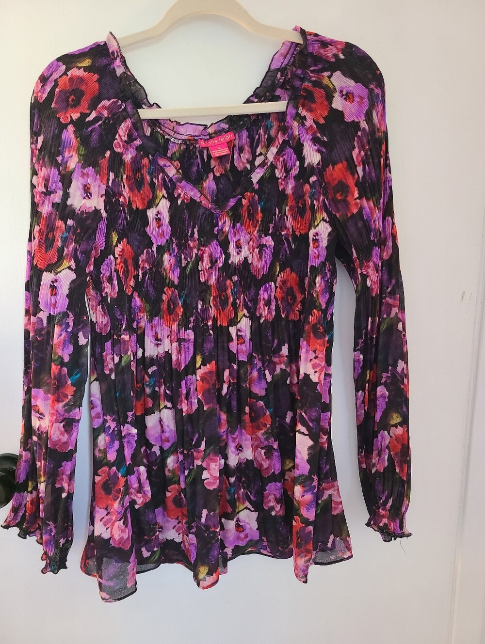 Sunny Leigh Y2K Crinkle Plisse Floral Tunic Top Smocked Empire Waist Size XL